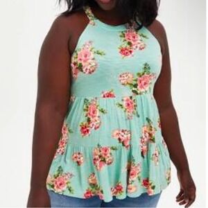 Torrid Super Soft Knits Floral Tiered Babydoll Top Mint Green Plus Size 3 3X